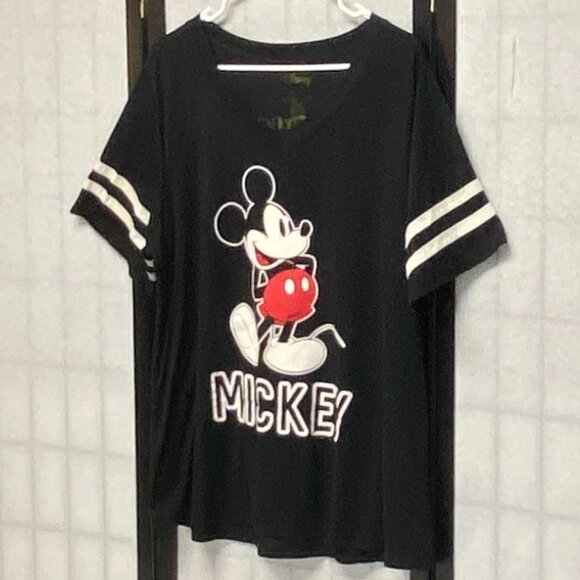 Short Stripe Sleeve V Neck Two Side Mickey Mouse Screen Print Tee Shirt Black 2X - Picture 4 of 13